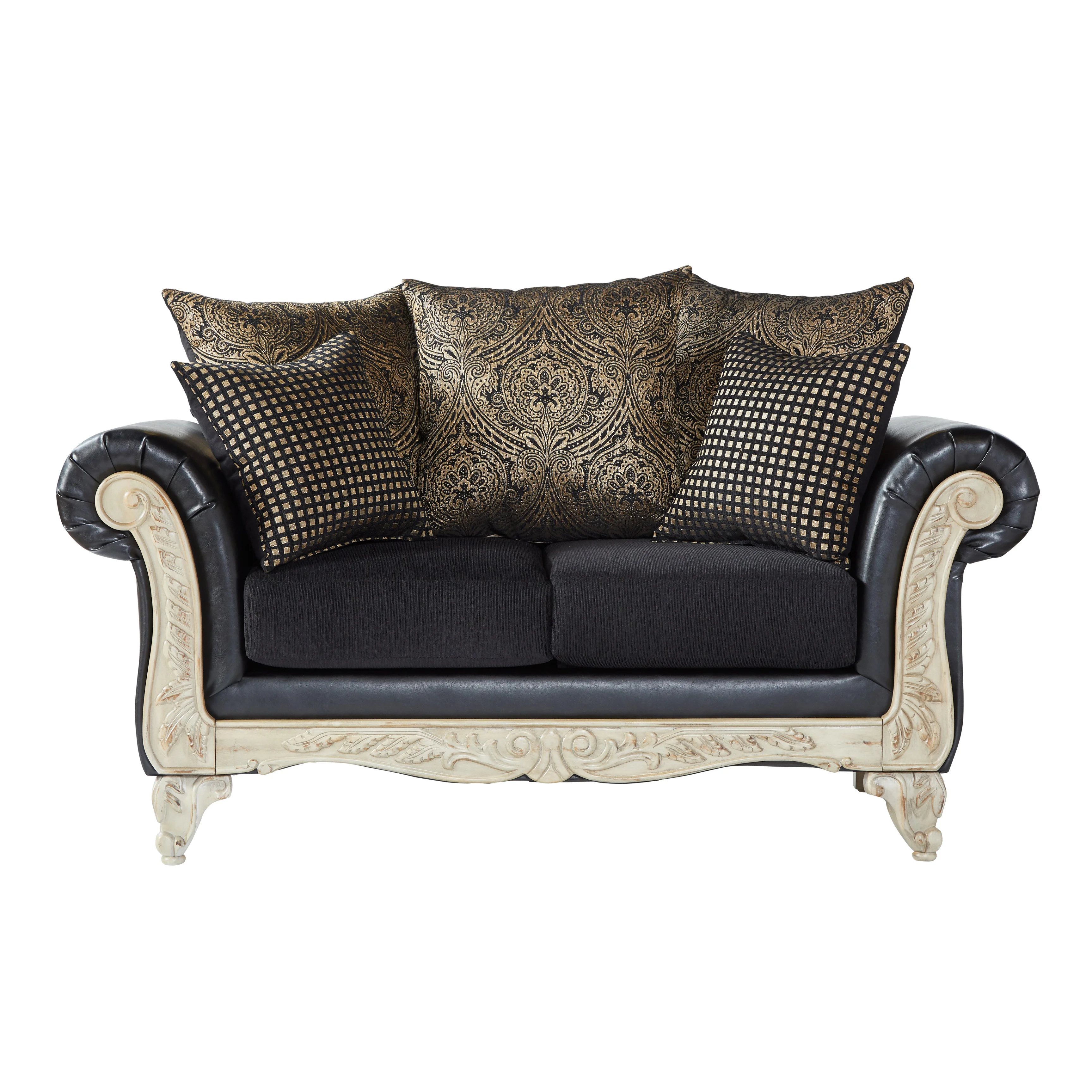 Roundhill San Marino Wood Frame Faux Leather Sofa and Loveseat with 3-Piece Tables Set