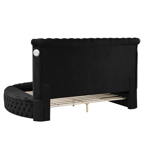 Circle Bed Frame Queen, Luxury Bed Frames with Wingback Headboard and Storage Side Rails & Footboard, Velvet Round Bed Frame with USB Chargers and Speakers, Circle Bed for Bedroom