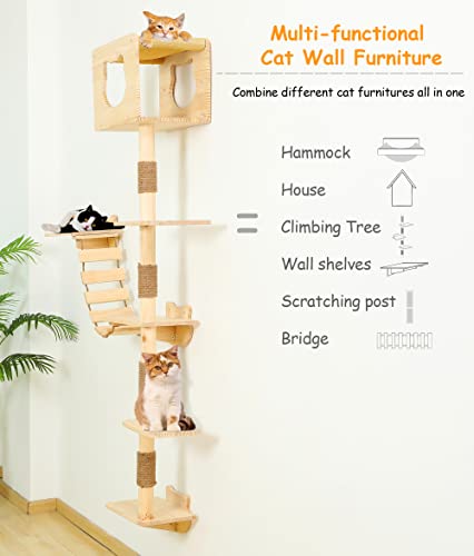 Cat Tree House with Hammock Wall Mount Cat Shelf Climbing Tall Activity Tower Solid Wood Indoor Cat Wall Furniture 75 Inch