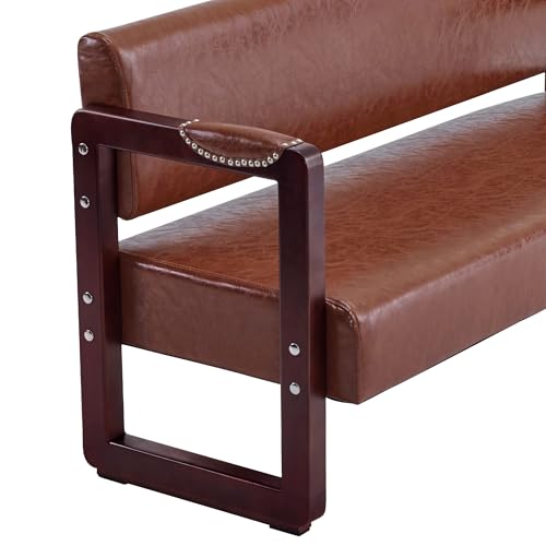 BarberPub Waiting Room Chairs, Bench with Backrest, Modern Style Leather Bench with Rivets, Faux Leather Armed Bench, Upholstered Bench for Living Room Office W423 (Brown)