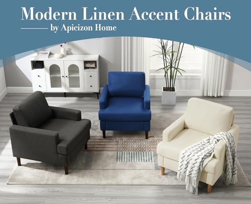 Apicizon Grey Accent Chair Set of 2, Modern Mid-Century Linen Armchair for Living Room, Comfy Upholstered Reading Accent Chairs, Single Sofa Chair with Wood Legs for Bedroom,Gray