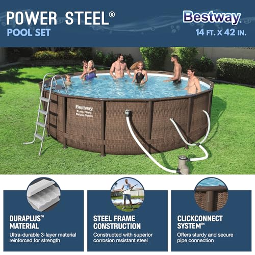 Bestway Power Steel 14’ x 42” Round Above Ground Outdoor Backyard Swimming Pool Set with 1,000 GPH Filter Pump, Ladder, and Pool Cover