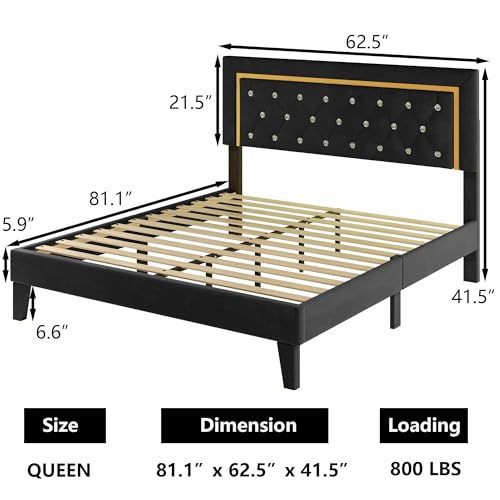 Full Size Bed Frame, Upholstered Platform Bed Frame with LED Light, Adjustable Headboard Tufted, No Box Spring Needed, Easy Assembly, Black