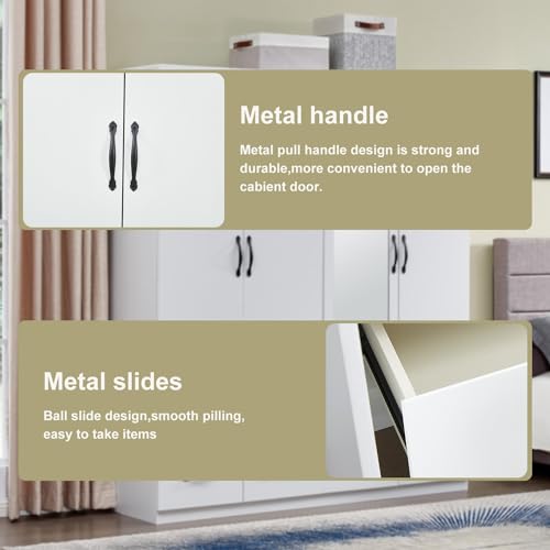 4-Door Wooden Gray Armoire Wardrobe Closet with 3 Drawers for Bedroom Storage Wardrobe Closet Wood with Hanging Rod with Large Storage Wardrobe with Drawers 63" L x 20.3" W x 72" H