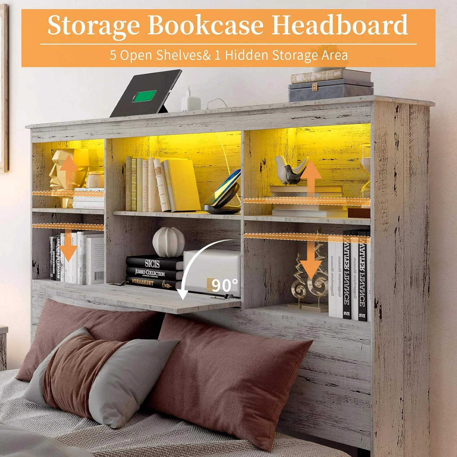 LUXOAK Queen Size Bed Frame with LED Bookcase Headboard, Wooden Storage Bed with Charging Station & 4 Drawers, White Birch
