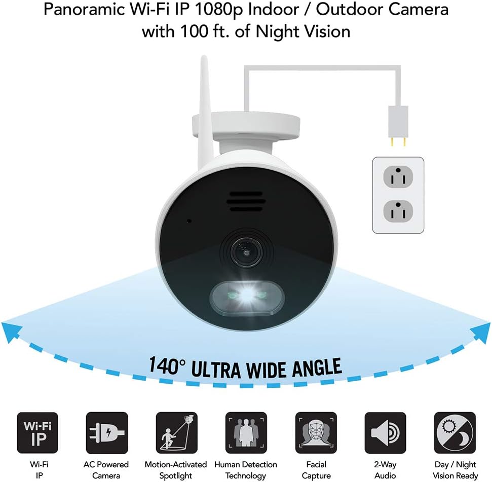 Night Owl 1080p AC Powered Panoramic Wi-Fi IP Indoor/Outdoor Camera with a 140° Ultra Wide Angle View, 2-Way Audio, Built-in Spotlight, Motion Detection, and Remote Viewing Mobile App