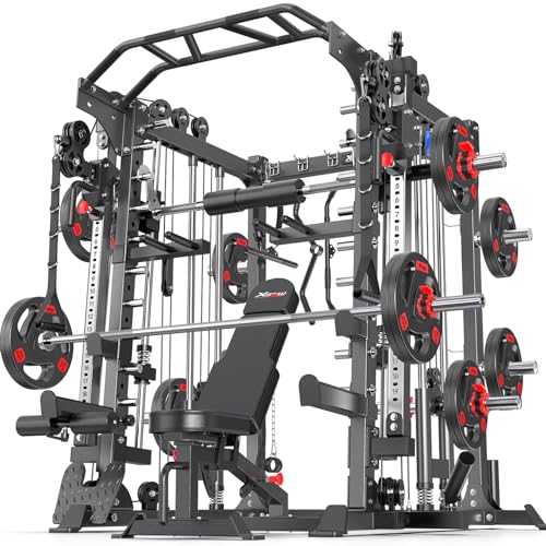 L05/07 Smith Machine，Multi-Function Squat Rack Power Cage with Cable Crossover System,with Weight Bench, Olympic Barbell Weight Set, for Home Gym