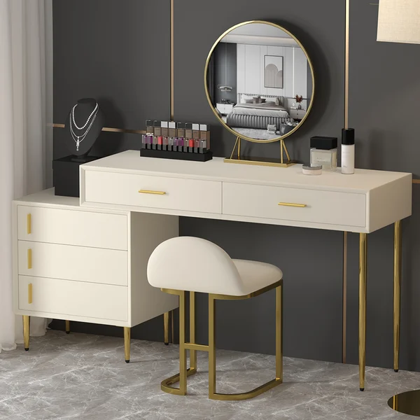 Modern Blue Makeup Vanity Set Retracted Dressing Table Cabinet&Stool&Mirror Included