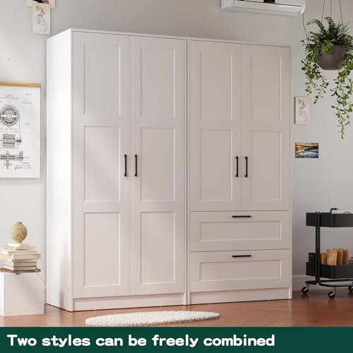 Wood Wardrobe Closet with 2 Doors and Drawers，Bedroom Freestanding Armoire Storage Cabinet with Shelves，Wooden Wardrobe Combination for Hanging Clothes Feng Hua Li Zhi (31.5”W X 18.9”D X 68.9”H)
