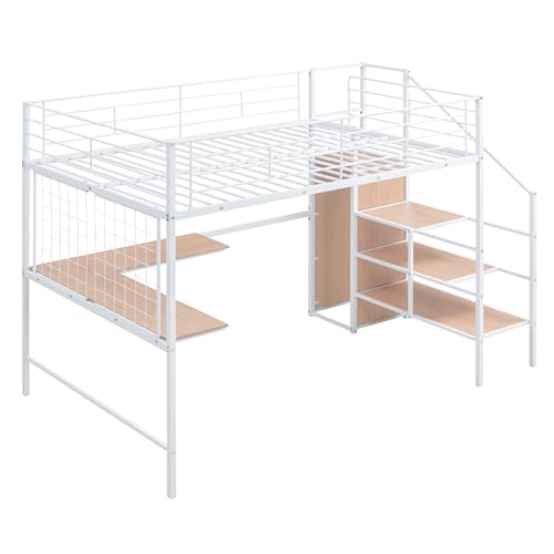 Bellemave Full Size Loft Bed with Desk and Storage Stairs, Full Loft Bed with Storage Stairs/Ladder, Loft Bed Full Size for Adults, Kids, Teens Metal, Black
