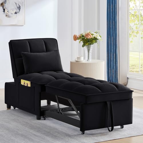4 in 1 Convertible Sleeper Sofa Chair, Single Pull Out Couch with 6-Level Adjustable Backrest&Pillows,Modern Velvet Sofa Bed with Storage Pockets for Bedroom Living Room Small Space (Navy)