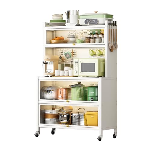 Kitchen Bakers Rack, Microwave Cabinet Metal Shelving Unit with Wheels, Microwave Cart with Storage and Doors, for Kitchen Garage Coffee Bar, White