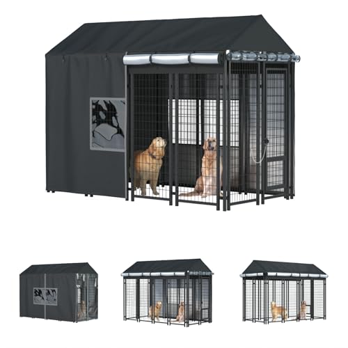 Outdoor Dog Kennel Cover - Full Coverage for 8'Dx4'Wx6'H Dog Cages, 600D Heavy Duty Waterproof Kennel Cover, Black