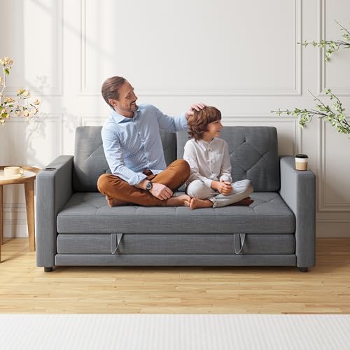 Lvifur 3-in-1 Loveseat Sleeper Sofa, Pull Out Sleeper Couch Full Size, Foldable Futon Sofa Bed for Small Space, Convertible Floor Couch with Side Pockets for Living Room (Beige)