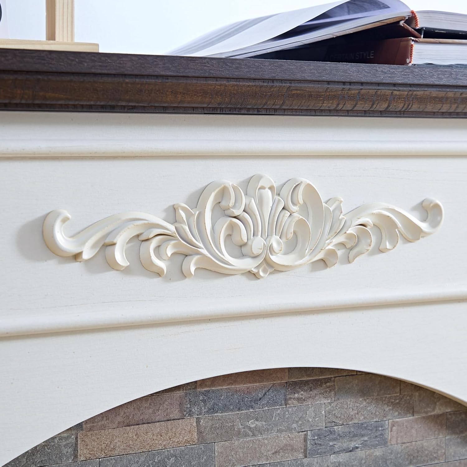 44 Inch Carved Pilasters Electric Fireplace with Mantel, Tall Fire Place Heater Freestanding, Realistic Stacked Stone Surround with Remote Control Timer LED Flame for Living Room, Bedroom