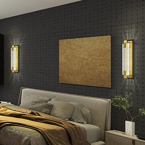 Modern Crystal Wall Sconce Lighting with Bubble Crystal Bathroom Light Fixture 15.15in Gold LED Vanity Lights for Bathroom Hallway Bedroom Living Room Sconces Wall (2 Pack)