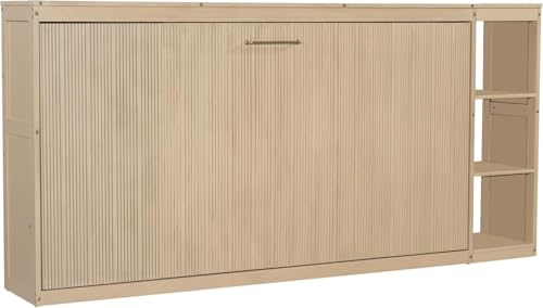 Full Murphy Bed with Storage Shelves,Wood Murphy Bed Cabinet with Storage Bookcase,Fold Up Bed Modern Murphy Wall Bed Full Size (White,Full)