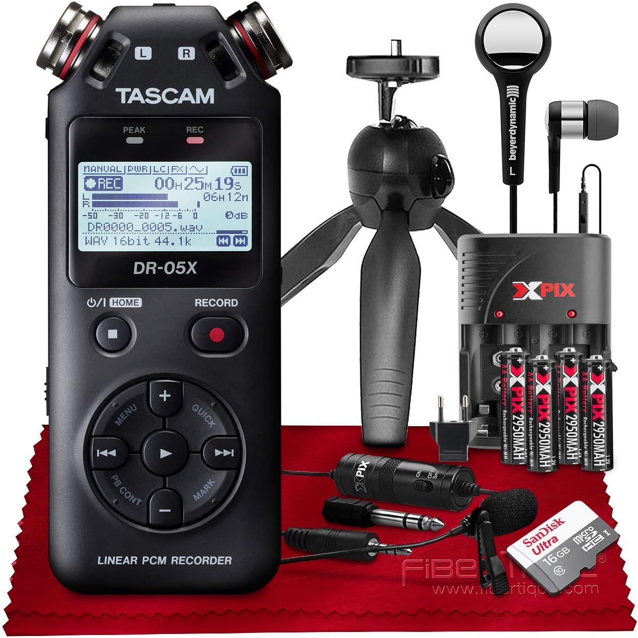 Tascam DR-05X 2-Input / 2-Track Portable Stereo Handheld Digital Audio Recorder w/USB Audio Interface (Black)++ 32GB + Beyerdynamic Earphones + Microphone + Deluxe Accessories Bundle