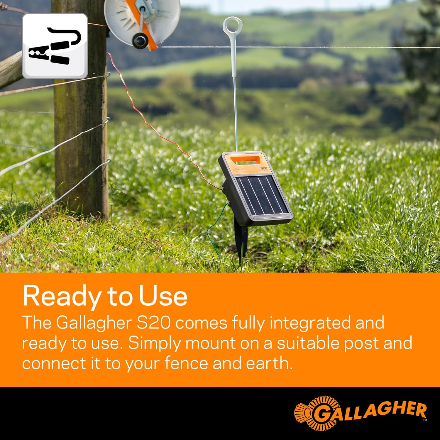 Gallagher S20 Solar Electric Fence Charger | Powers Up to 12 Miles / 14 Acres of Fence | Solar Lithium Technology | 0.2 Joule Solar Energizer for Poultry, Livestock, Gardens, and Pets