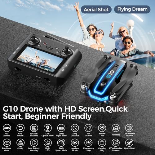 GPS Drones with 4K Camera for Adults with HD Screen on Controller and Follow Me Mode,Long Flight Time and Distance,Transmission and GPS Auto Return,G10 RC Quadcopter Easy fly for Beginner and Kids,Under 249g