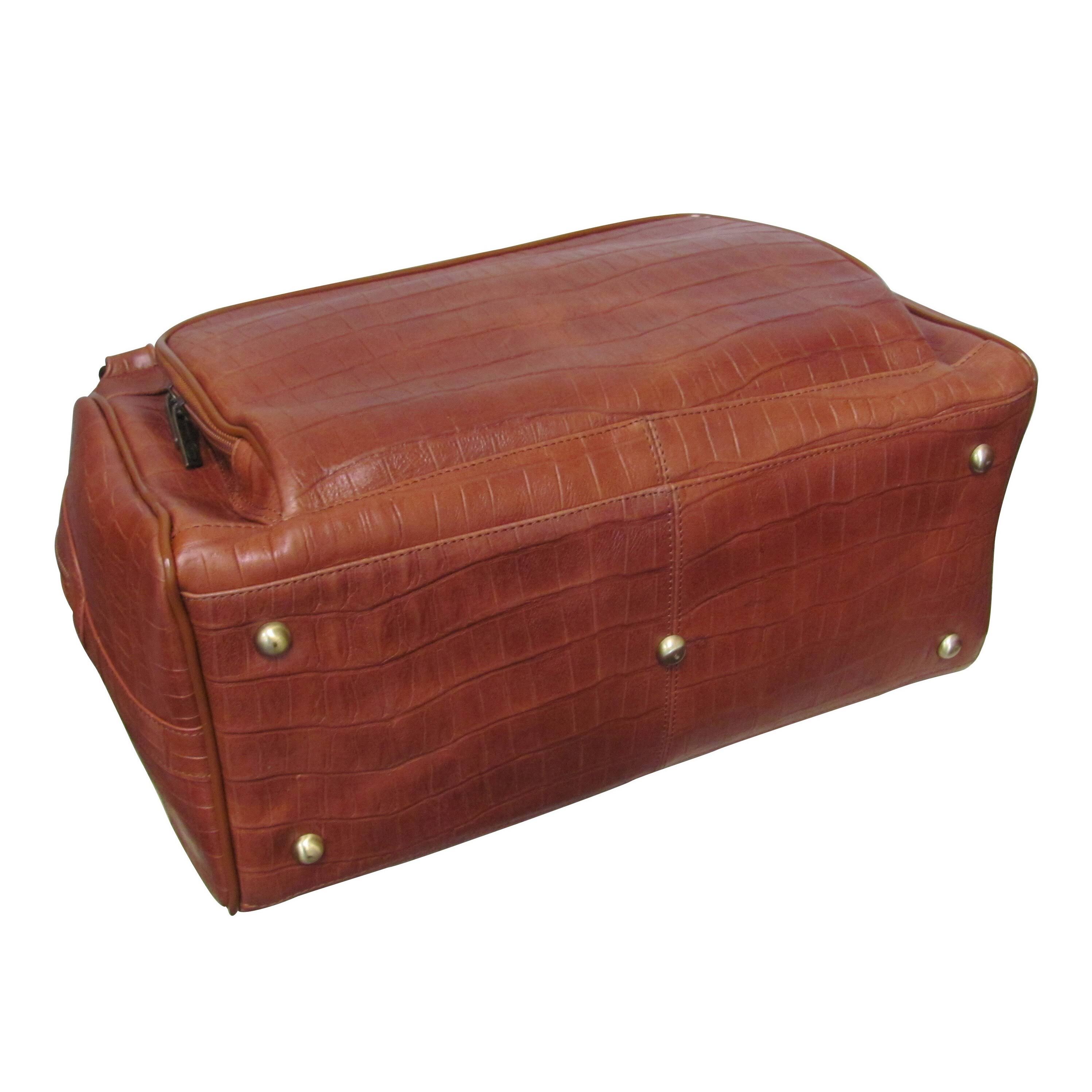 Amerileather Croco-Print 16 inch Leather Carry-On Weekend Duffel, Brown