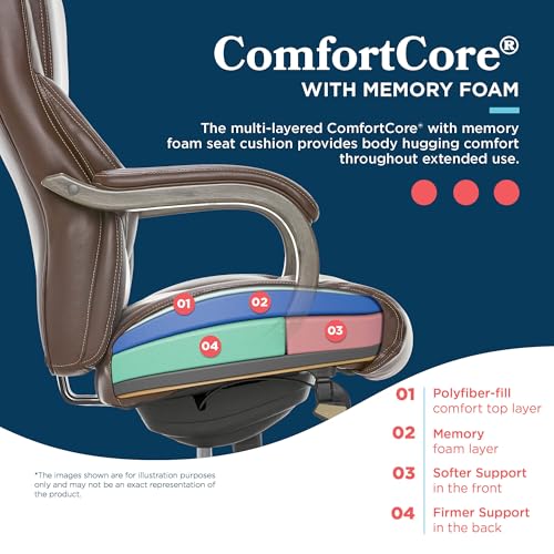 La-Z-Boy Delano Big & Tall Executive Office Chair, Ergonomic Mid-Back Body Pillow Lumbar Support, ComfortCore Memory Foam Cushion, Mahogany Wood Arms & Swivel Base, Bonded Leather, Chestnut Brown