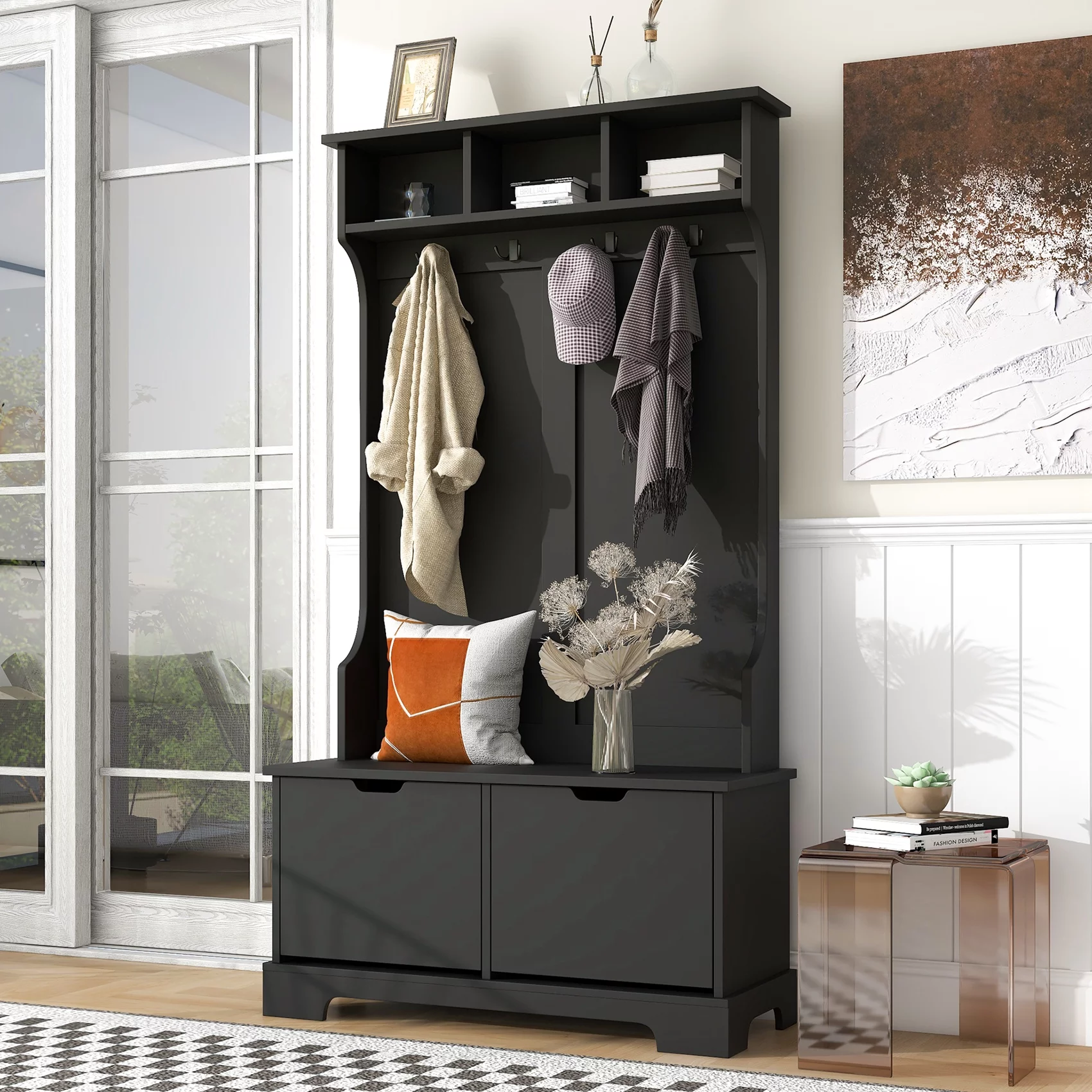 Hall Tree with Bench and 2 Flip Shoe Storage Drawers, Entryway Bench with Coat Rack and 3 Top Shelves, Mudroom Bench with Storage and 4 Metal Double Hooks for Entry way, Hallway (Black)