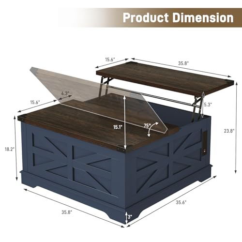 36" Farmhouse Movable Lift Top Coffee Table with Storage and Power Outlets, Square Wood Living Room Tables with Wheels&Large Hidden Space, Lift Wooden Barn Door Center Table, White