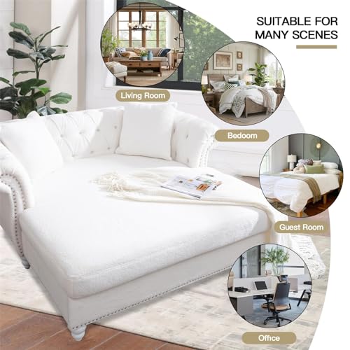 63" Chesterfield Double Chaise Sofa, Velvet Chaise Lounge Chair Indoor with 2 Pillows andRolled Arm Oversized Loveseat Sofa (White)