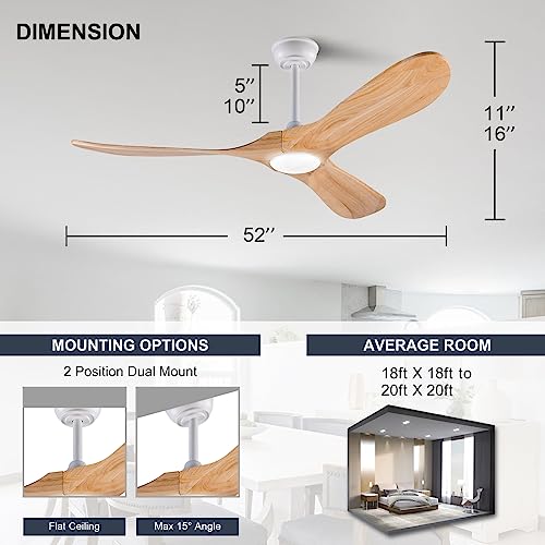 BOOMJOY 52 Inch Wood Ceiling Fan with Lights Remote Control, 3 Color Temperatures and 6 Speed Reversible Blades, Indoor Outdoor Ceiling Fan for Bedroom Living Room Study Patios