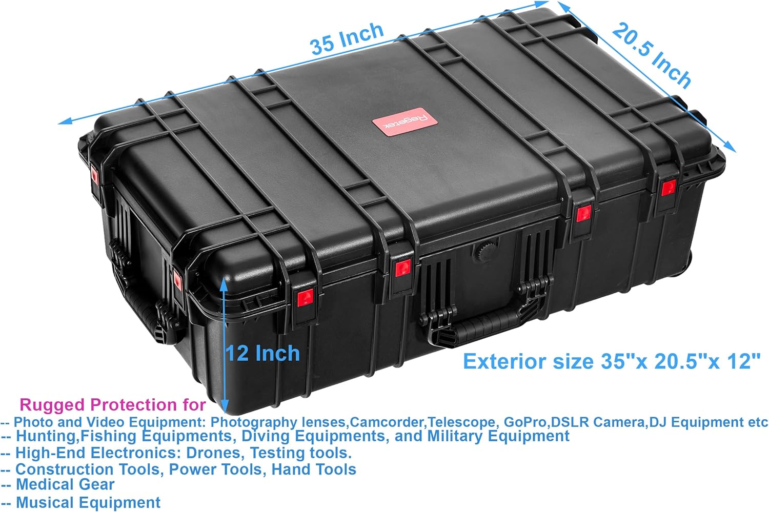 Regetek Waterproof Roller Hard Case 35"x 20.5"x 12", Equipment Case with Foam/Wheels for Camera, Tool, Electronics Gear, Instrument,IP67 Waterproof & Crushproof, Lockable, Transport Rolling Case