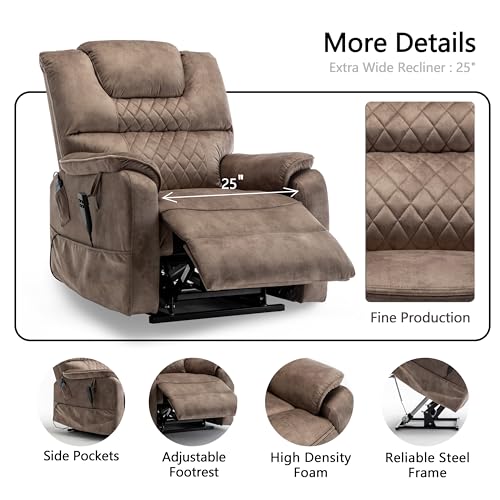 Oversized Power Lift Recliner Chair for Elderly with Massage Heat, Brown Velvet Electric Lay Flat Recliners with Cup Holders, Side Pockets, Infinite Position, Gift for Family