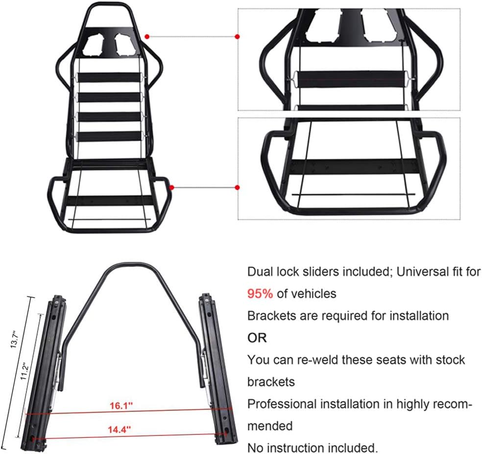 Racing Seats, Pair of PVC Leather Racing Bucket Seats with Dual Sliders, Black with Black Stitching