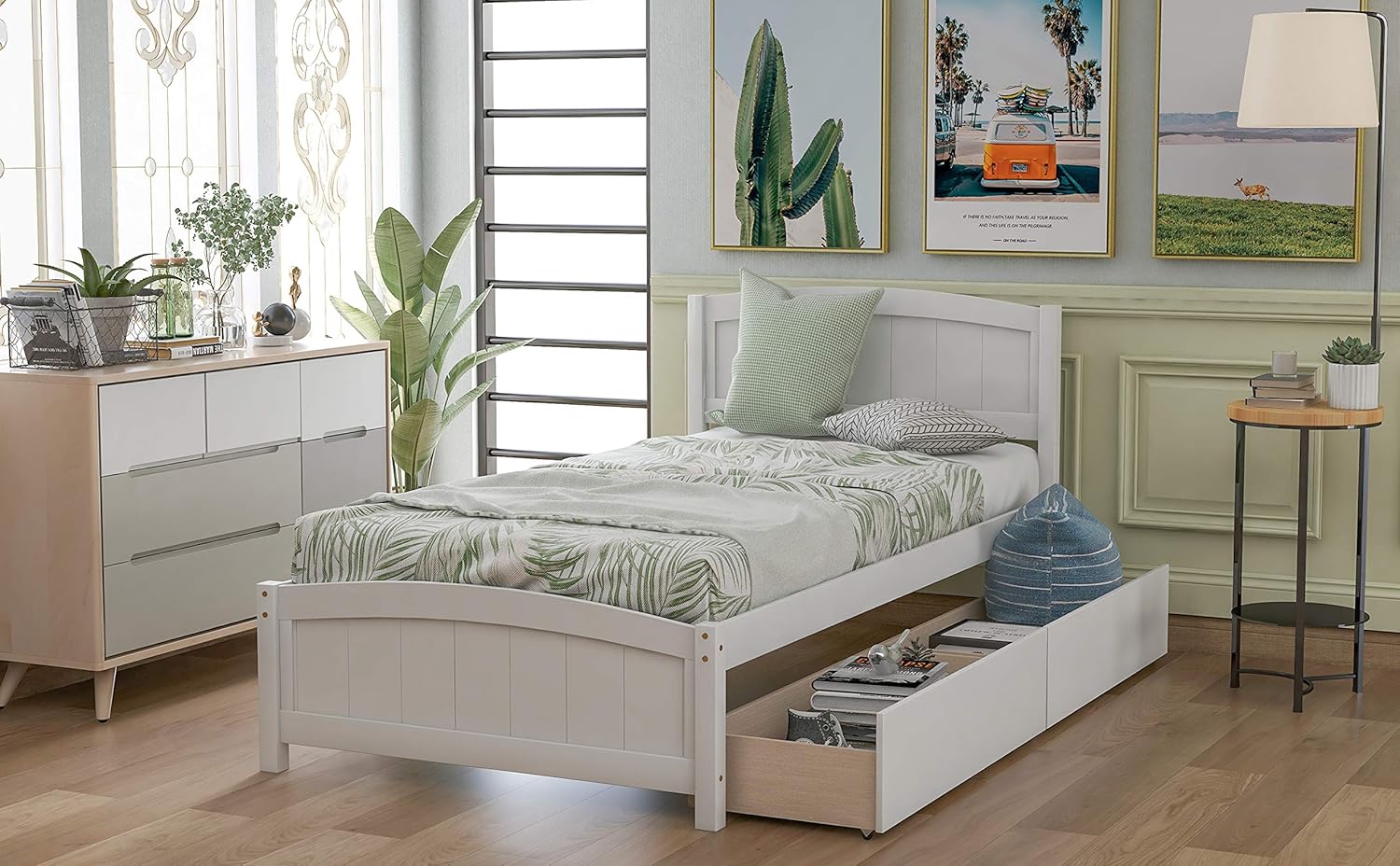 Harper & Bright Designs Twin Platform Bed with Storage Drawers, Solid Wooden Twin Size Bed Frame with Headboard for Kids, Teen, Adults, No Box Spring Needed (Twin, White)