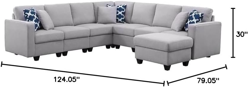Pemberly Row Seven Seat Reversible Fabric Sectional Sofa with Ottoman-Light Gray