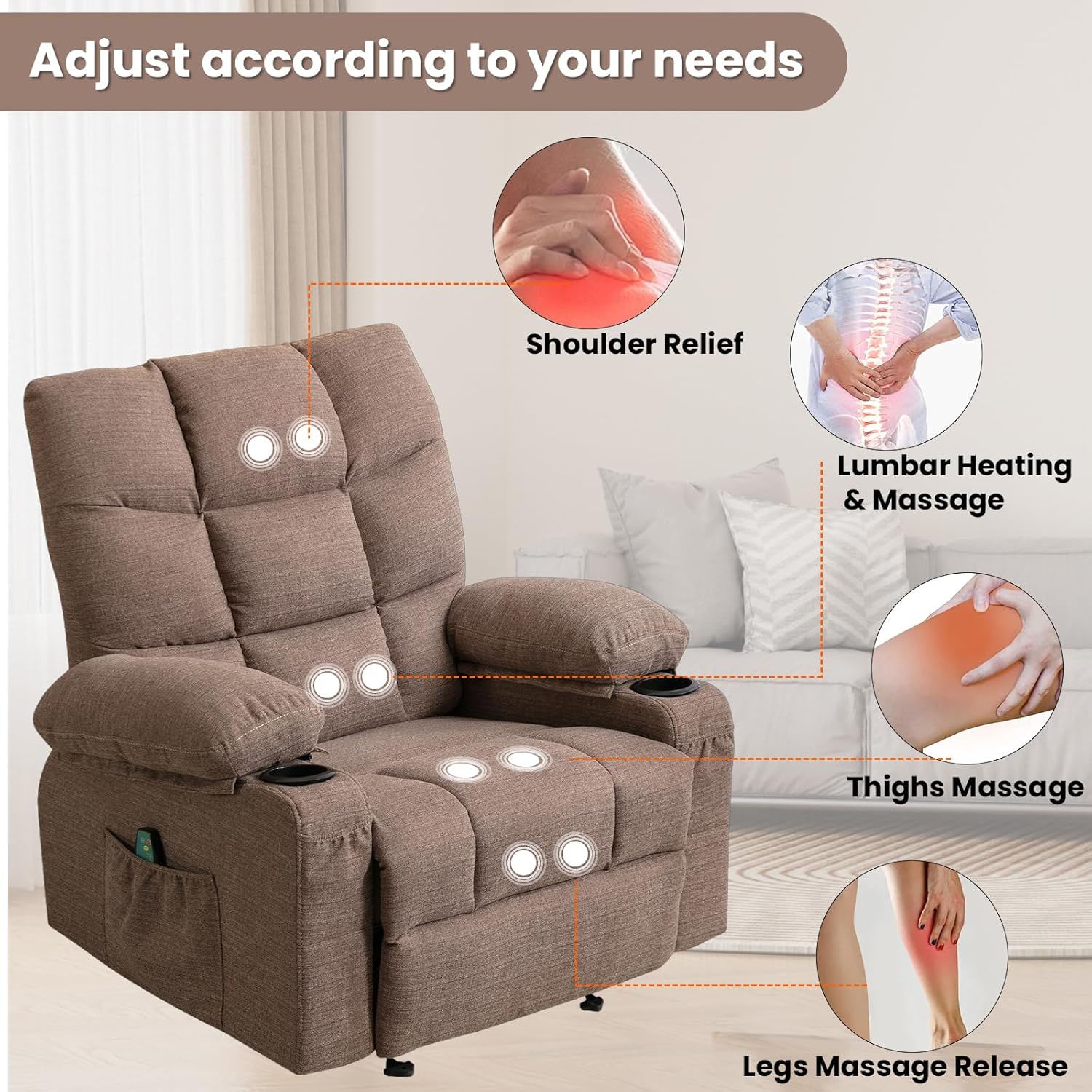 Boy Lazy Recliner Chair for Adults & Elderly with 8 Points Power Massage & Lumbar Heated - Modern Adjustable Manual Fabric Recliner Sofa with Lay Flat 150° 2 Cup Holders Side Pockets,Brown