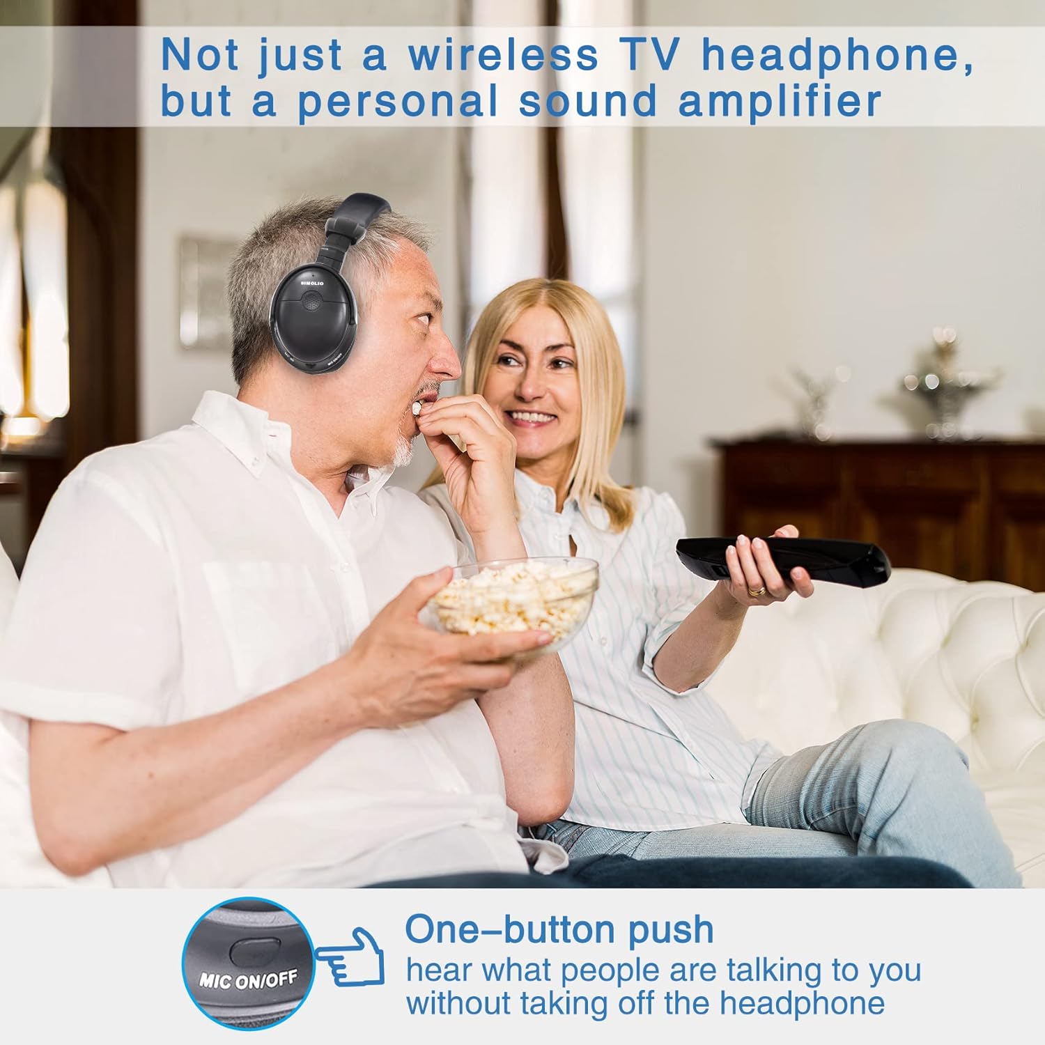 SIMOLIO Voice Enhanced Wireless TV Headphones with Extra Battery for Seniors and Hard of Hearing, Balance and Tone Adjustment, No Pairing, No Lip-sync Delay, Digital Optical RCA AUX, 100FT Range