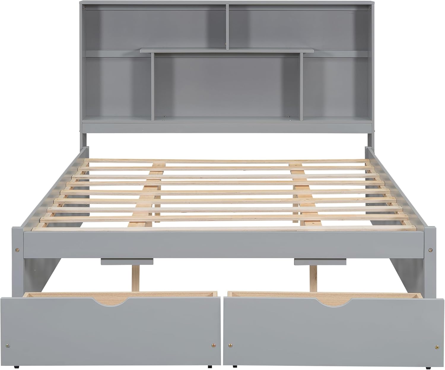 Queen Size Bed Frame, Wooden Platform Bedframe with Bookcase Headboard and 2 Storage Drawers, No Box Spring Needed, Gray