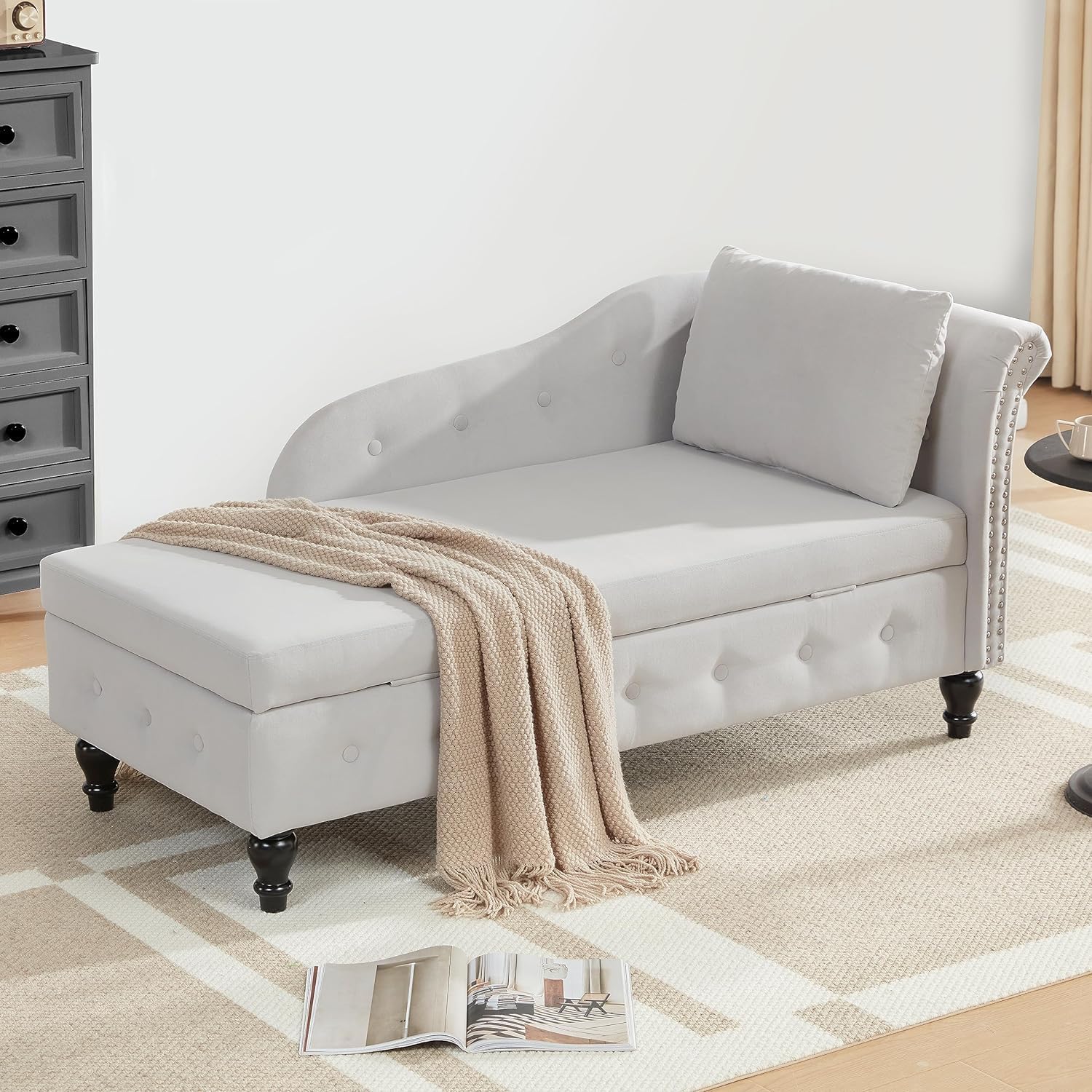 Chaise Lounge Indoor with Storage, Upholstered Chaise Lounges Sofa Recliner Chair with Pillow, Modern Nailhead Trimmed Tufted Lounge Chair for Living Room Bedroom Office, Light Grey