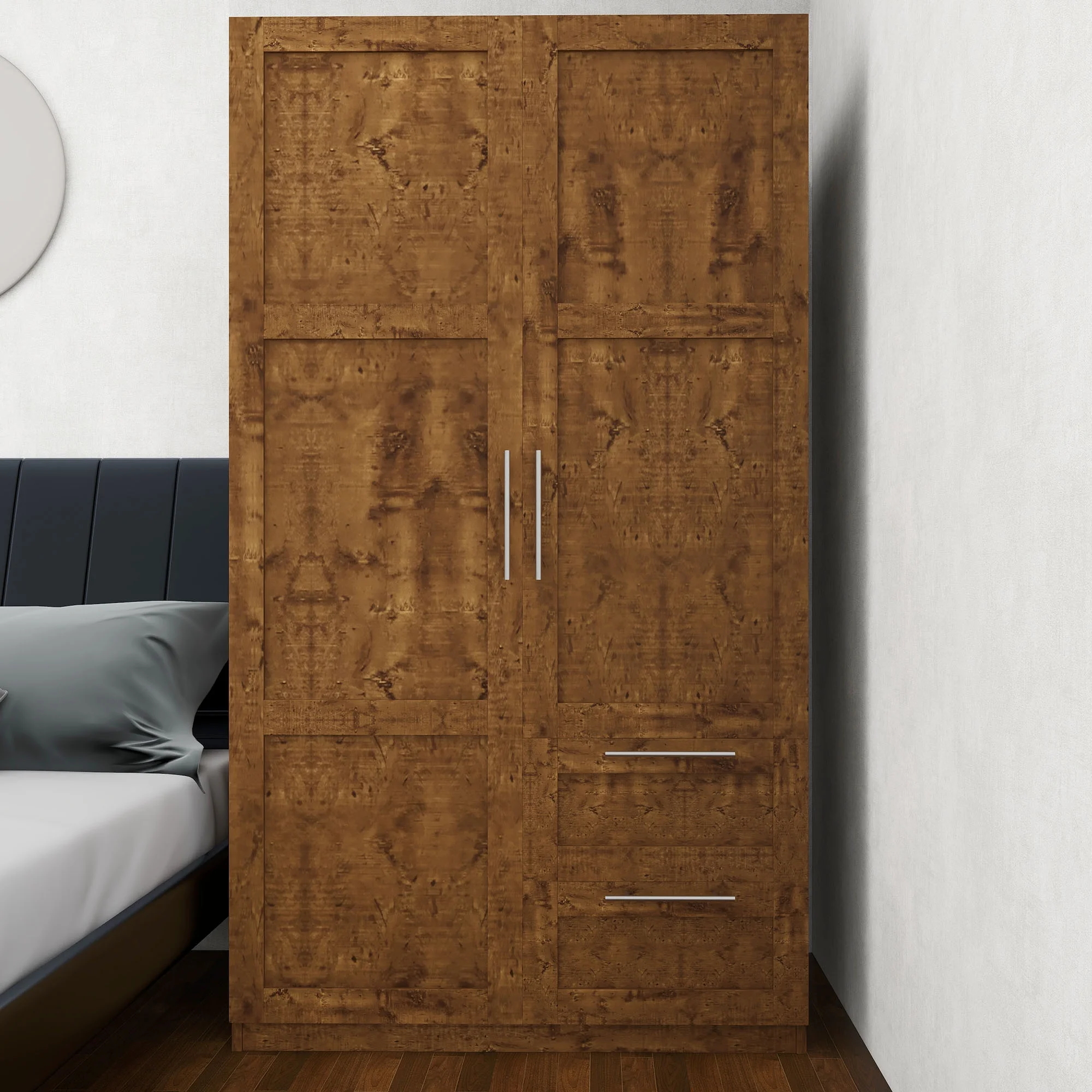 HIUU Double Wardrobe Cabinets,Wood Armoire with Drawers and Shelves for Living Room,Wood Armoire Wardrobe with Hanging Rod,Retro Brown