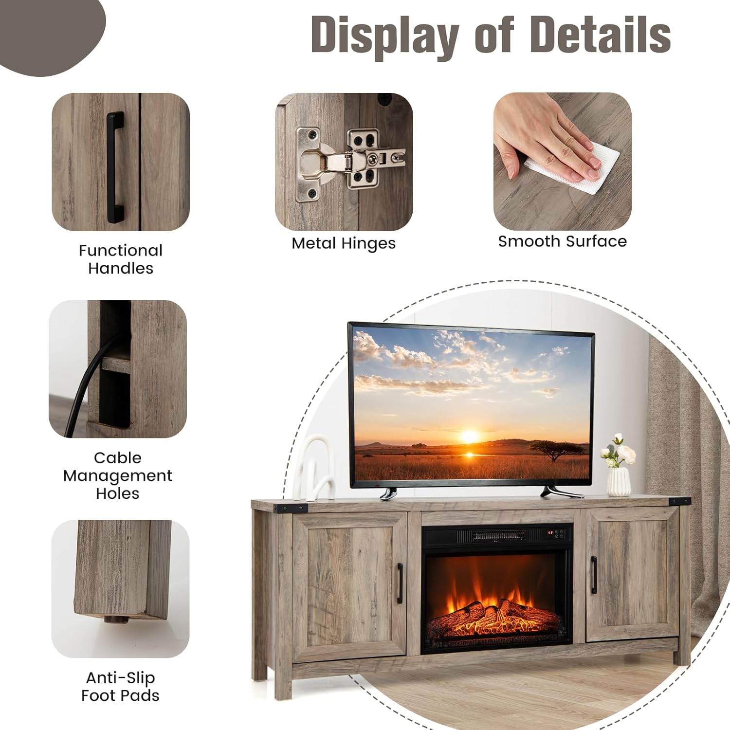 COSTWAY Electric Fireplace TV Stand for TVs up to 70 Inches, Farmhouse Media Entertainment Center Table with Storage Cabinets, Electric Fireplace TV Console with Remote Control for Living Room Bedroom