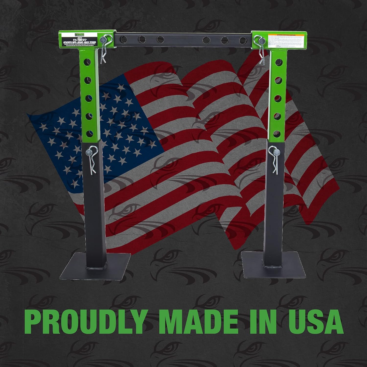 American Lifting ATV UTV Jack Stands - 1.5 Ton (3000 Lbs) Safety Pin Style Off-Road Stand with Rack Bar Saddle – Ideal for Shop Garage, Green / Black