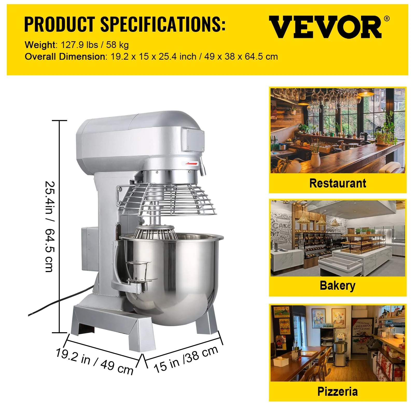 VEVOR Commercial Food Mixer, 15Qt 600W, 3 Speeds Adjustable, Heavy Duty 110V, Stainless Steel Bowl Dough Hooks Whisk Beater