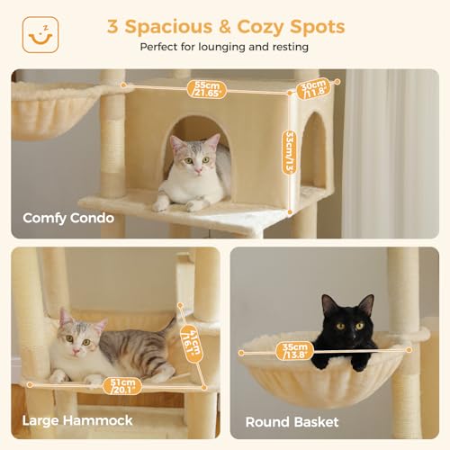 PAWZ Road Large Cat Tree, 73 Inches Tall Wooden Cat Tower with 2 Spacious Hammocks,2 Big Top Beds,8 Fully Scratching Posts and Natural Wood Posts, Multi Cat Tree for Indoor Cats Large Adult-XL