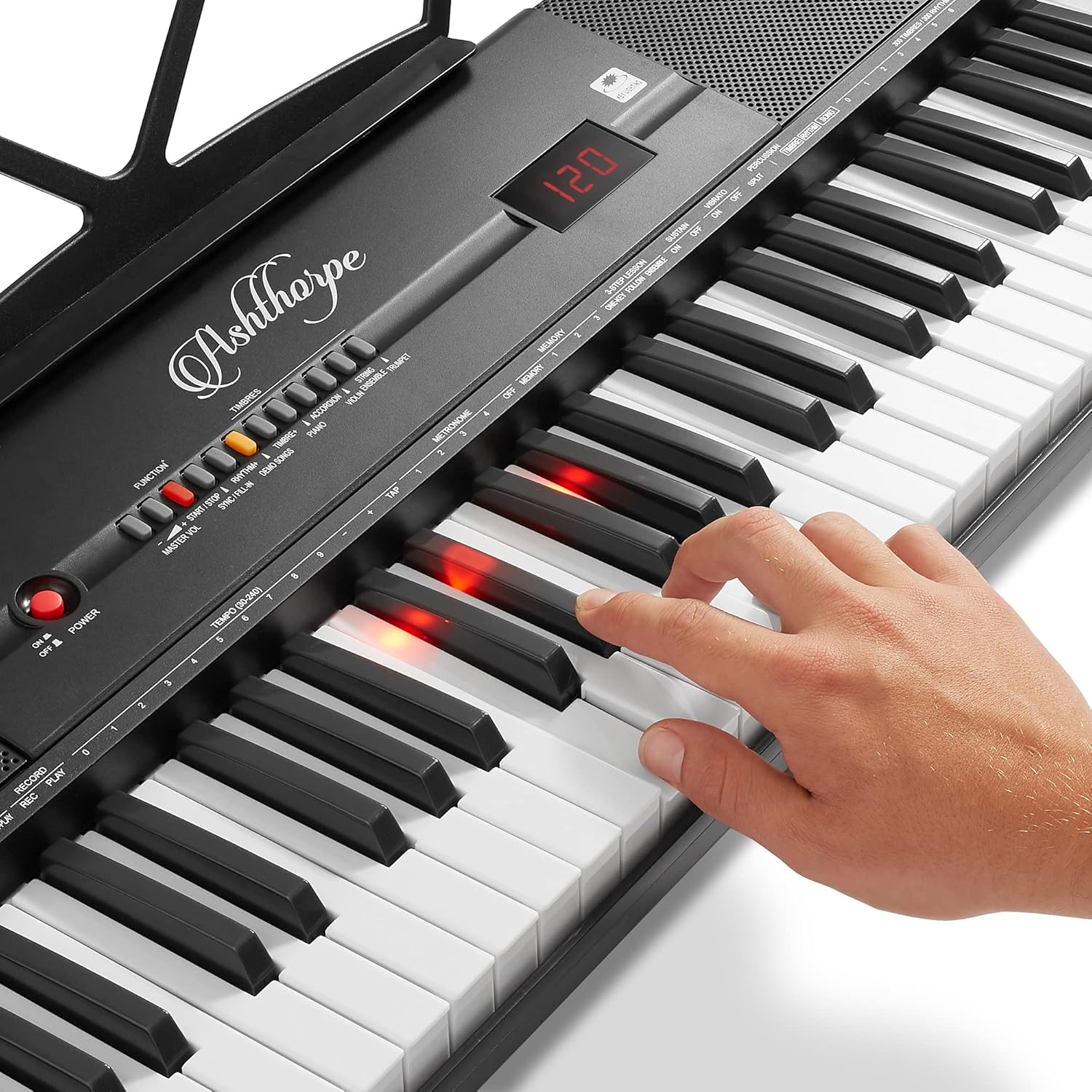 Ashthorpe 61-Key Digital Electronic Keyboard Piano with Light Up Keys, Includes Stand, Bench, Headphones, Mic and Keynote Stickers