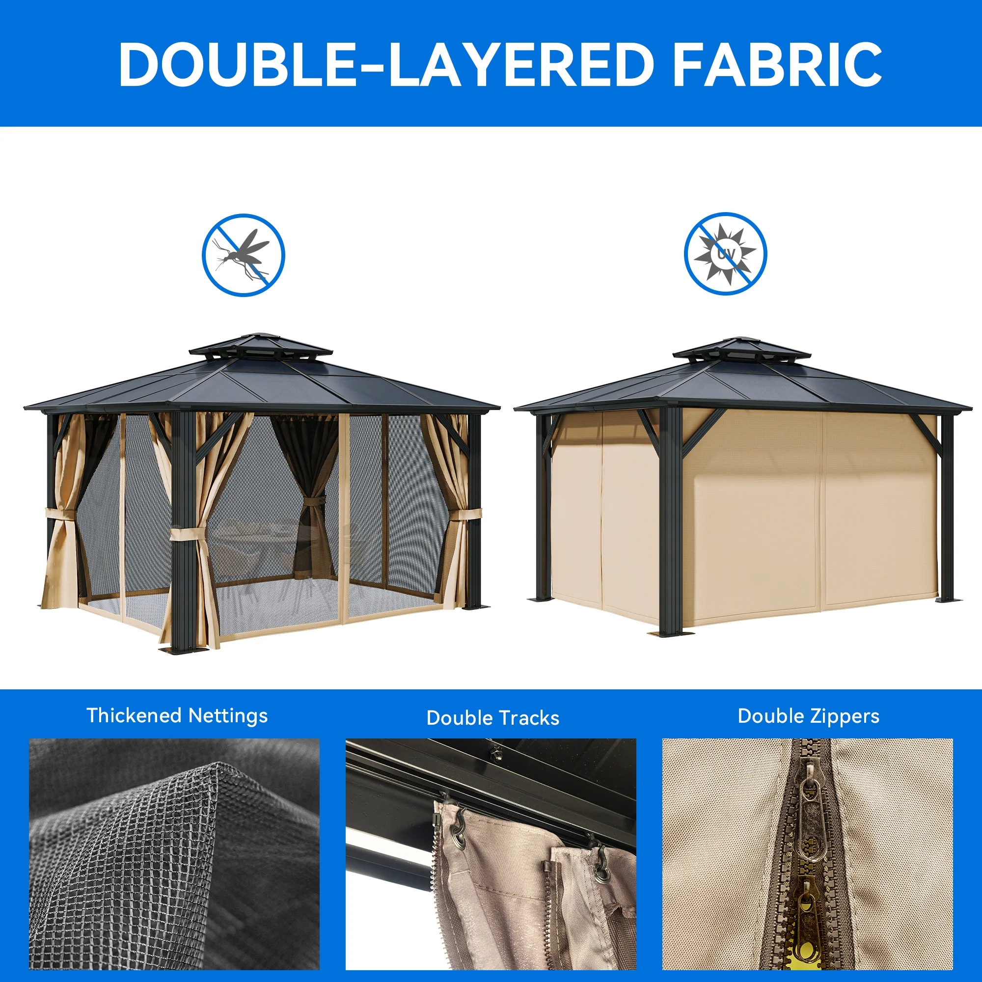 Dextrus 12x14FT Gazebo Hard-Top Double Roof Canopy Outdoor with Netting and Shaded Curtains, Aluminum Frame Hardtop Garden Tent for Patio, Backyard, Deck and Lawns
