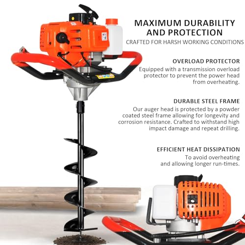 Post Hole Digger,72CC 2 Stroke Auger Post Hole Digger, Gas Powered Earth Digger 3 Auger Drill Bits(4"&8"&12'') and 2 Extension Rods for Farm Garden Plant (72cc Morden Digger)