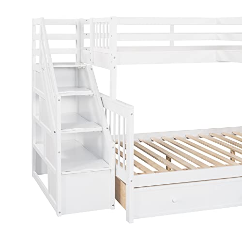 Twin over Full Triple Bunk Bed with Drawers and Stairway, L-Shaped Bunk Bed and Loft Bed Combo with Storage Compartment for 3, Ideal for Extended Family or Dorm (Espresso)