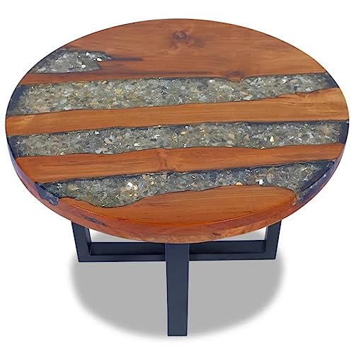 Coffee Table Teak Resin 23.6",Round Coffee Table with Resin Decoration, Rustic Teak & Mango Wood Table for Living Room or Bedroom