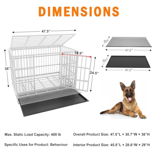 54/48/42/38 inch Heavy Duty Indestructible and Escape-Proof Dog Crate Cage Kennel for Large Dogs, High Anxiety Dog Crate with Removable Wire Trays and Wheels, Extra Large XL XXL